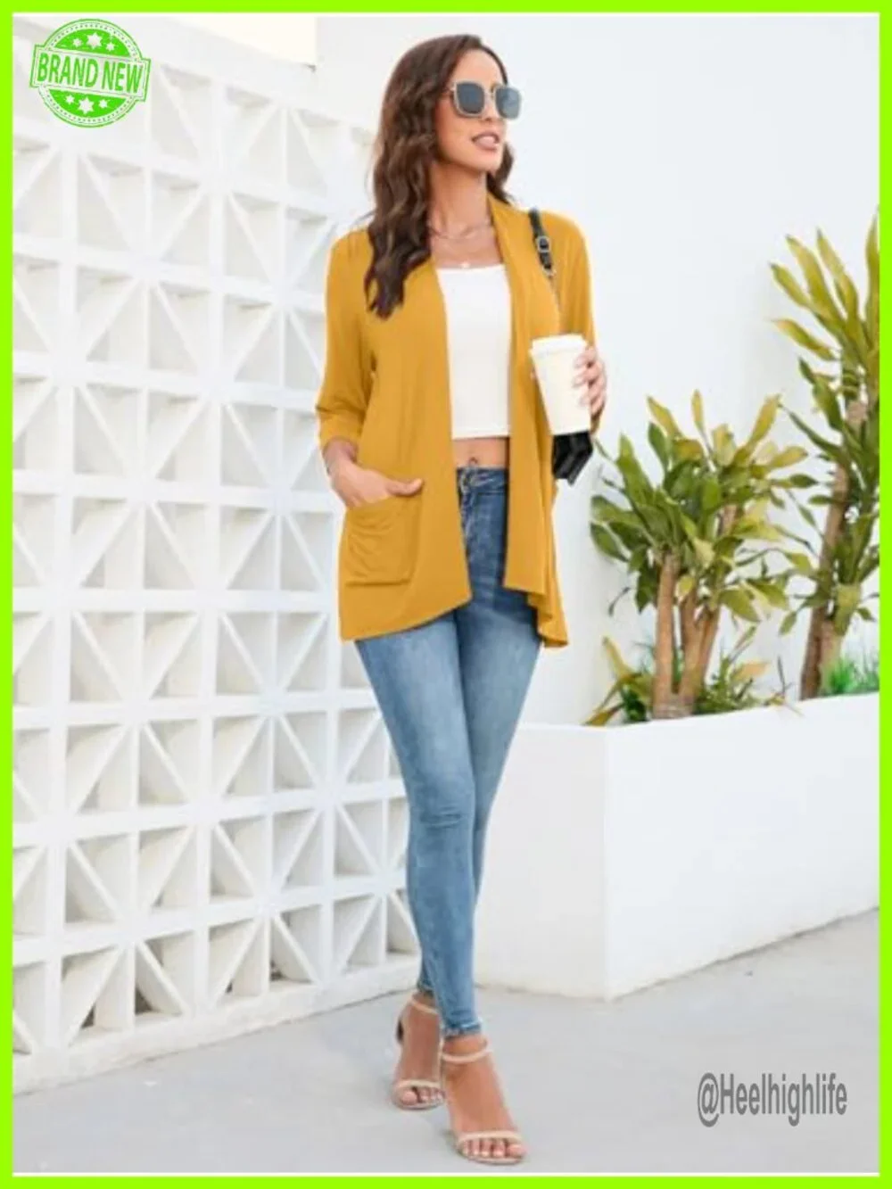 Open Front 3/4 Sleeve Cardigan with Pockets Soft Lightweight Duster